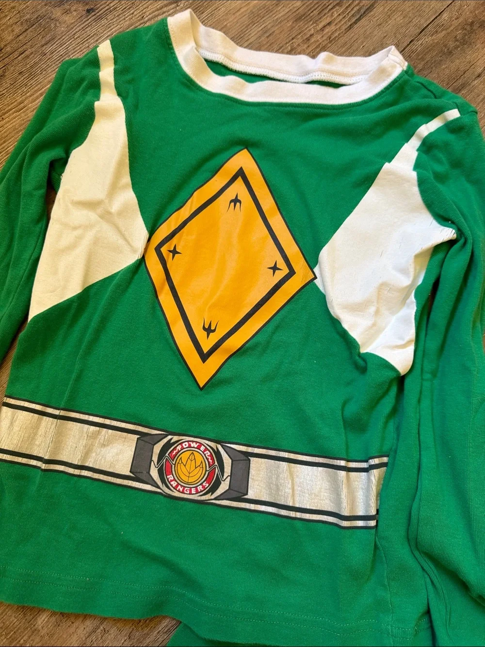 Power Ranger Green Pajama Set with Yellow Badge and White Trim